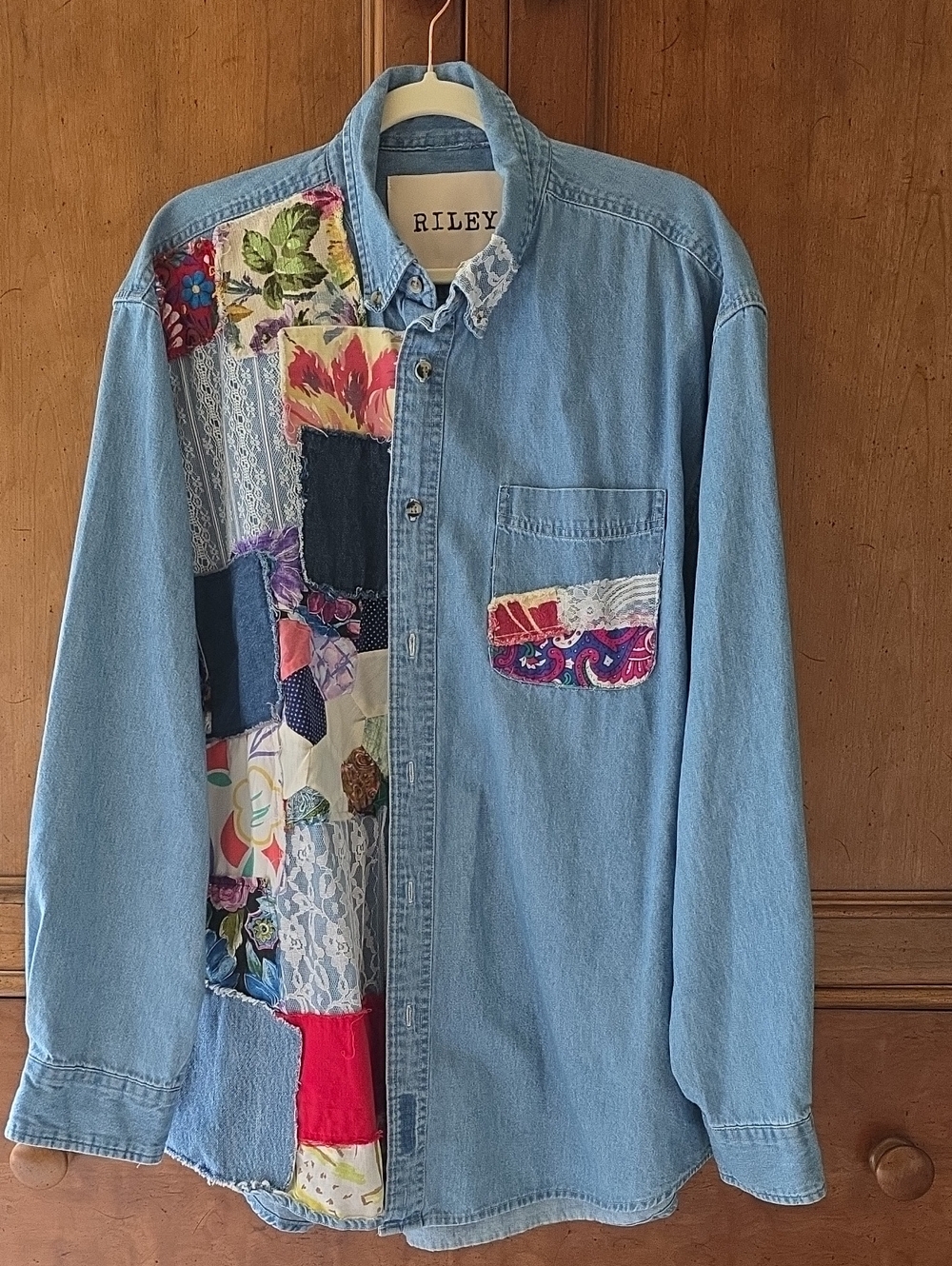 Riley Vintage Oversize Denim Cotton Button Down Jacket Patchwork Lace